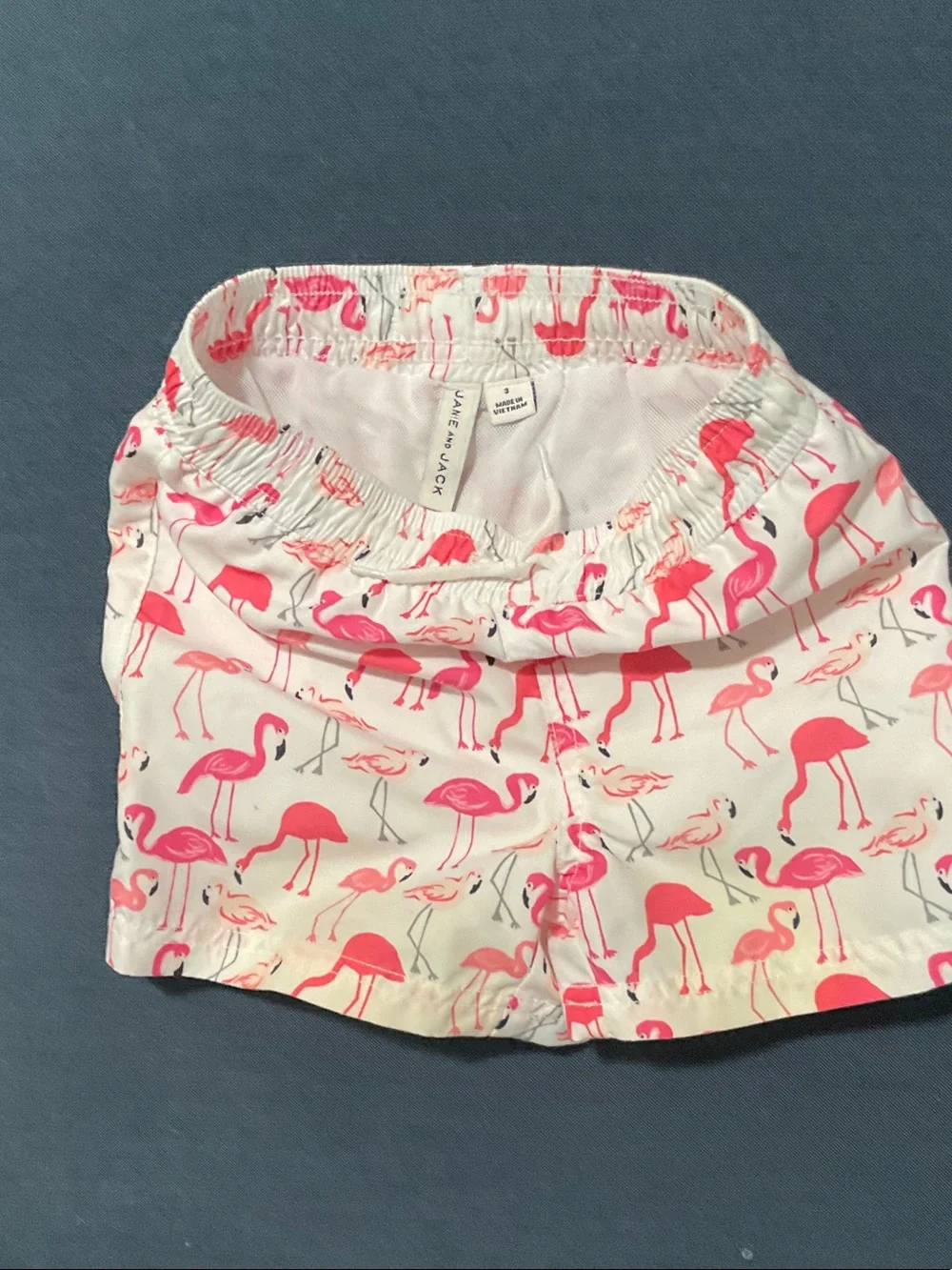 Janie and Jack White Swim Trunks with Pink Flamingo Print